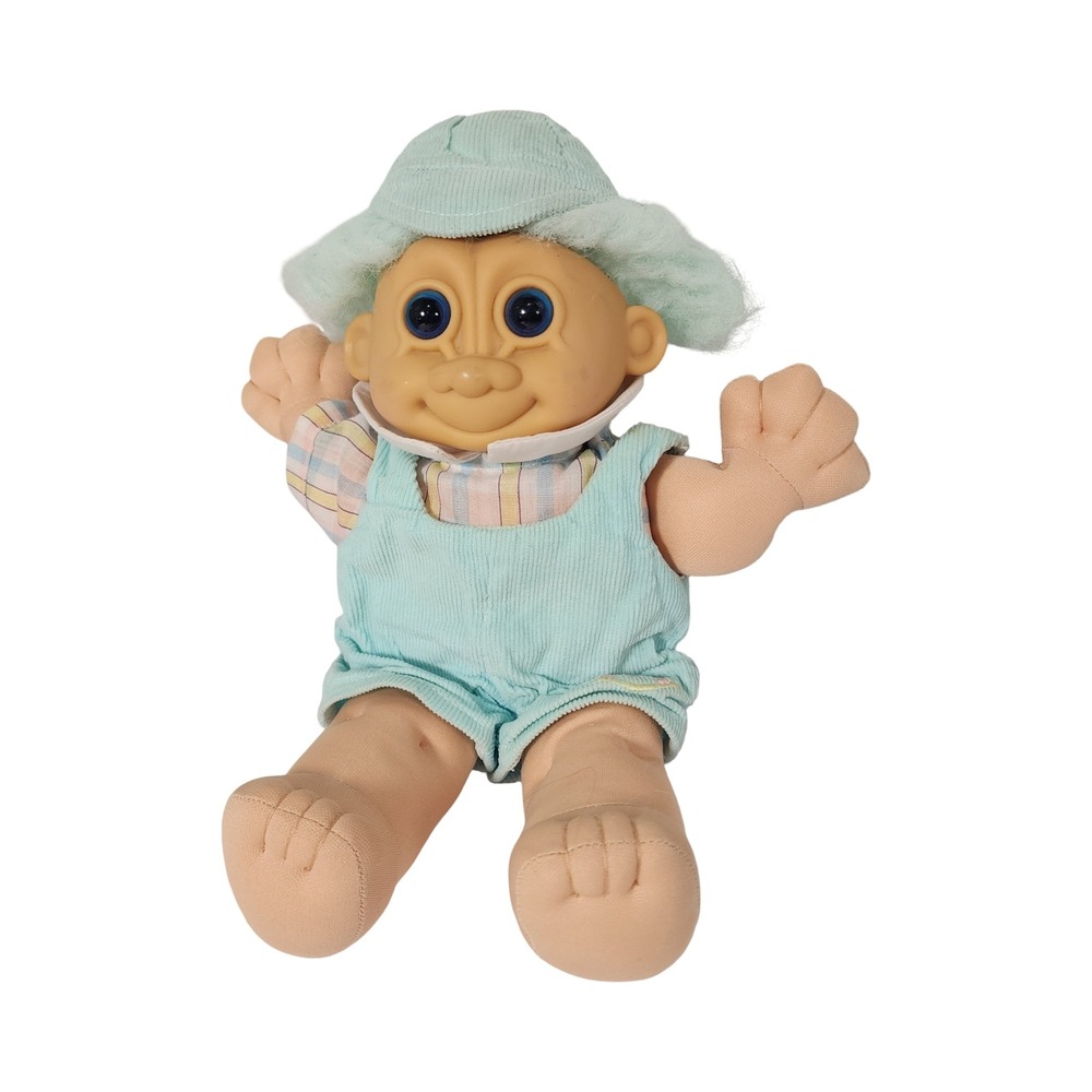 Vintage 90s‎ Plush Troll Doll Blue Corduroy Overalls Mint Hair 11 Inch Retro Toy